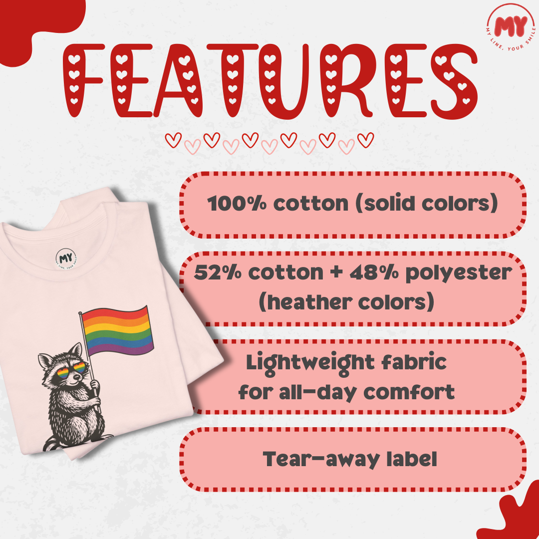 An illustrated graphic detailing the shirtβs material: 100% cotton for solid colors and a cotton-polyester blend for heather colors. Includes icons for comfort and tear-away label.