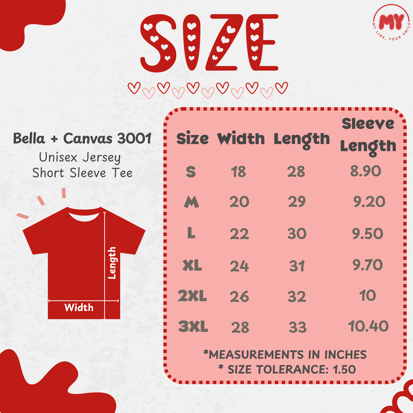 A sizing chart for the Bella + Canvas 3001 Unisex Jersey Short Sleeve Tee, showing size, width, length, and sleeve length in inches.