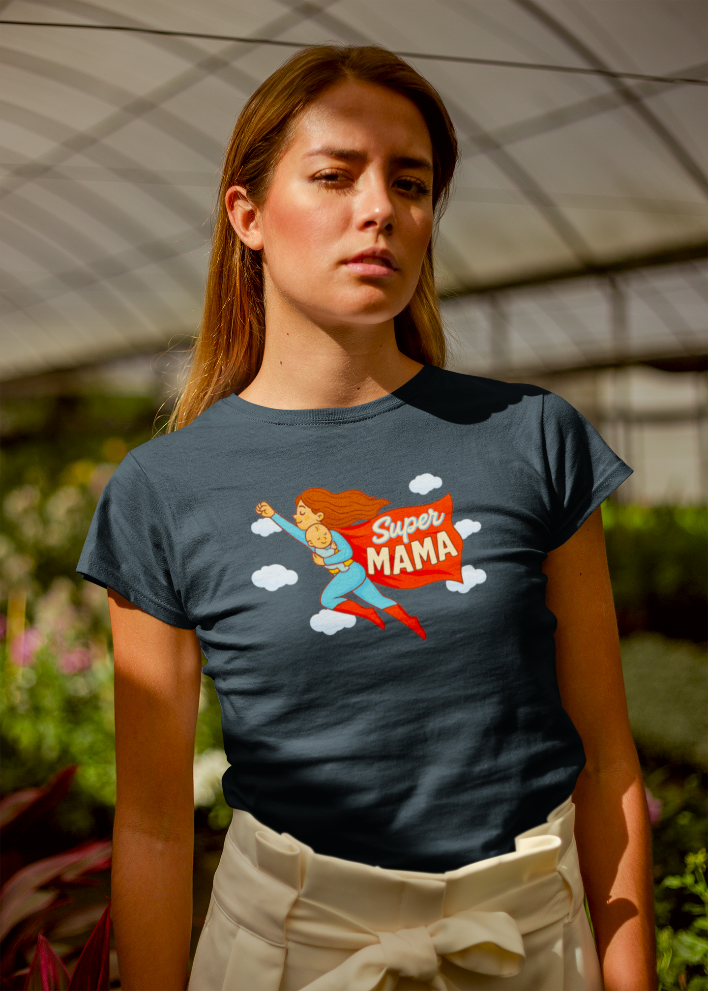 Close-up of woman in dark heather grey mom tee with Super Mama design – thoughtful mom gift shirt